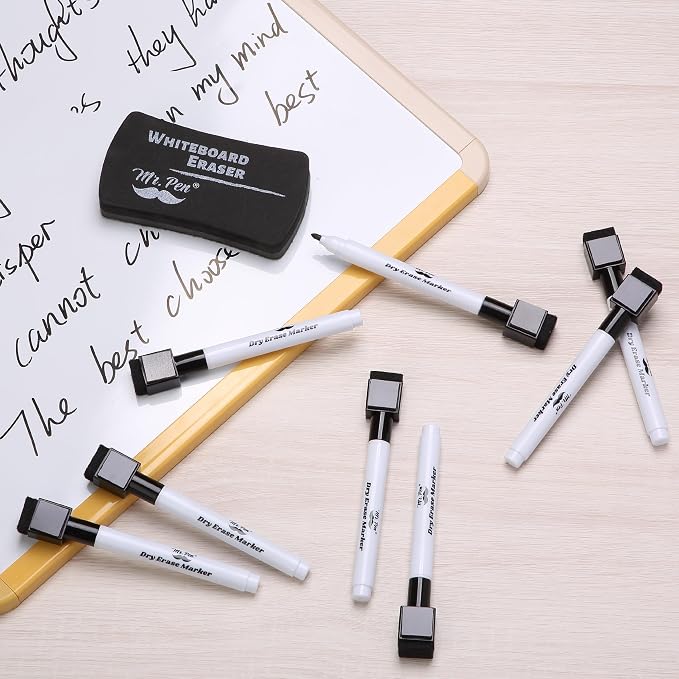Mr. Pen- Magnetic Dry Erase Markers, 12 Pack, Black | Fine Tip Markers with Built-In Magnet & Eraser, Low Odor, Quick Dry, for Whiteboards, Office, School & Home