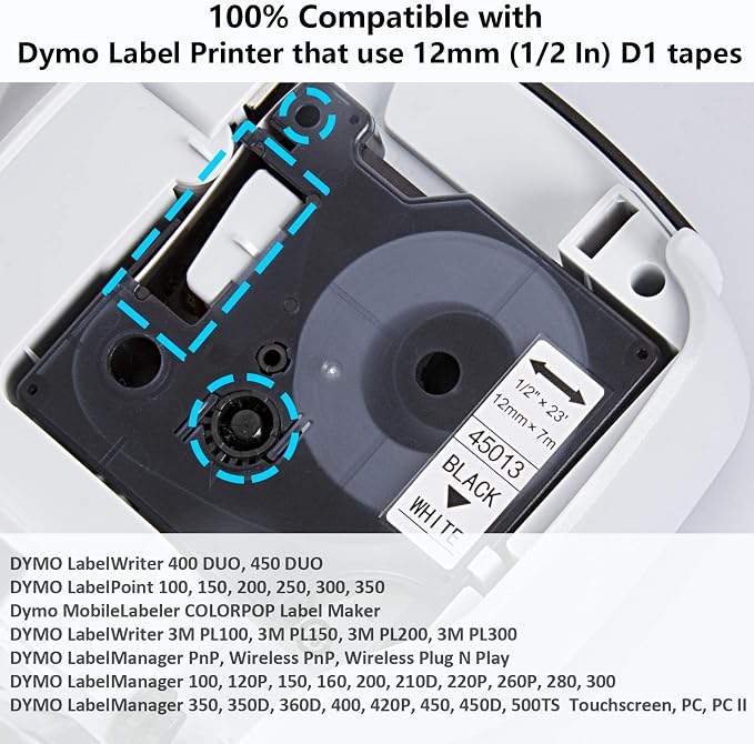 Hehua 7Pack 12mm Compatible with Dymo D1 45013 Label Maker Refills S0720530 | 1/2 inch; 12mm label;Dymo D1 45013; Black ink on White; For Label Manager 160 280 450 210D 360D 420P 260P 450D
