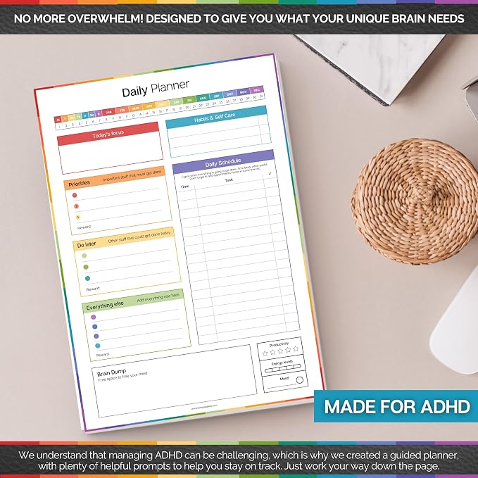 ADHD Daily Planner Notepad for Neurodivergent Adults - Productivity Daily Planner Desk Pad & Task Management to Stay Organized and Focused Note Pad | A4 (Colorful, A4 Portrait)