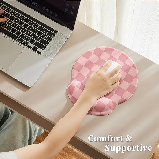 Coral Pink Checkered Mouse Pad with Gel Wrist Rest, Wrist Support, Ergonomic Desk Accessories for Women, Office Laptop Gaming Decor, Cute Aesthetic Check Design