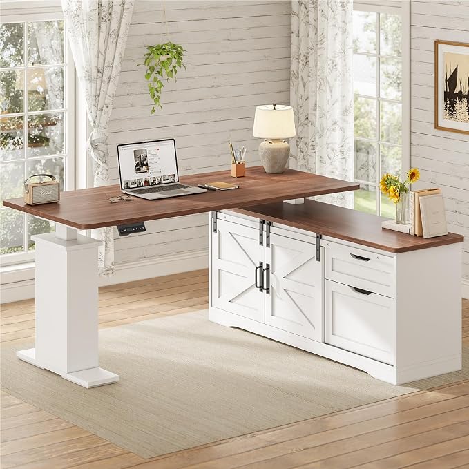SEDETA Farmhouse 55 inch L Shaped Standing Desk with Storage Drawers | Height Adjustable Corner Computer Desk with Power Outlets, Sliding Bar Door for Home Office, White