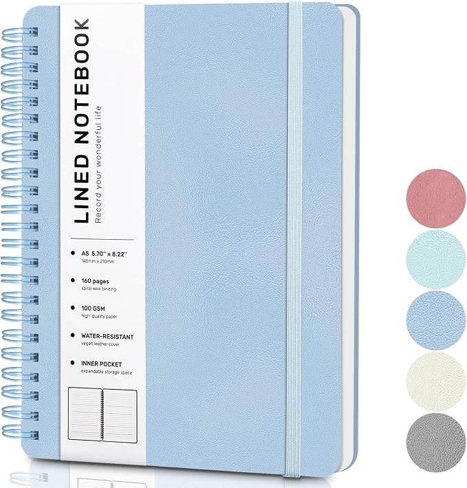 Lined Spiral Notebook for Women, A5 College Ruled Leather Spiral Journals | 160 Pages Small Journaling Notebooks, 5.7"x11" Note Book for Writing, Work, School, Men, Hardcover Leather Journals, Sky Blue