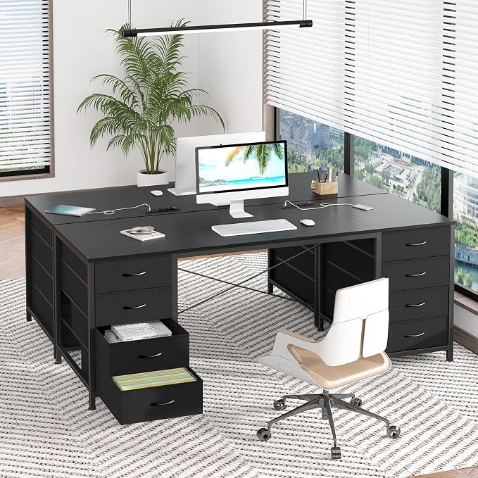 60 Inch Computer Desk with 8 Drawers for Home Office, Bedroom, Living Room | Home Office Desk with Power Outlets, Work Study Gaming Desk with 8 Fabric Drawers, White
