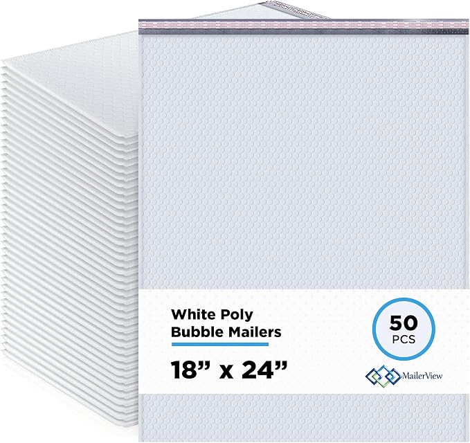 White Bubble Mailers 18x24, Poly Padded Envelopes #9, 50 Pack | Holds Clothing & Bulk Items, No Tape Needed, Cushioned Protection, Water-Resistant Poly, For Small Business Shipping