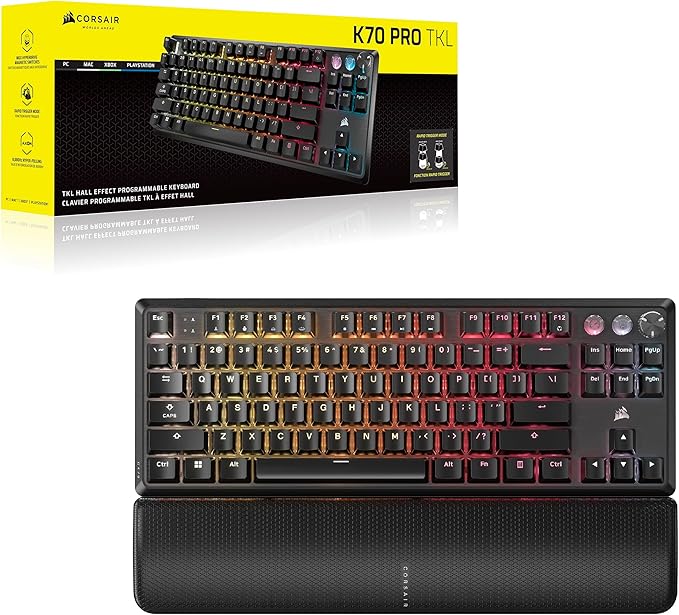 Corsair K70 PRO TKL RGB Tenkeyless Mechanical Wired Gaming Keyboard – Pre-Lubed Hall Effect MGX Hyperdrive Adjustable Switches, Simultaneous SOCD and Rapid Trigger, ABS Double-Shot, QWERTY NA – Black
