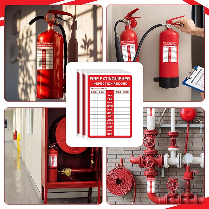 Fire Extinguisher Inspection Record Tags - 3.5" x 5" 2026-2029 Monthly Grid Fire Adhesive Safety Stickers Labels for School Office, and Home, Industrial