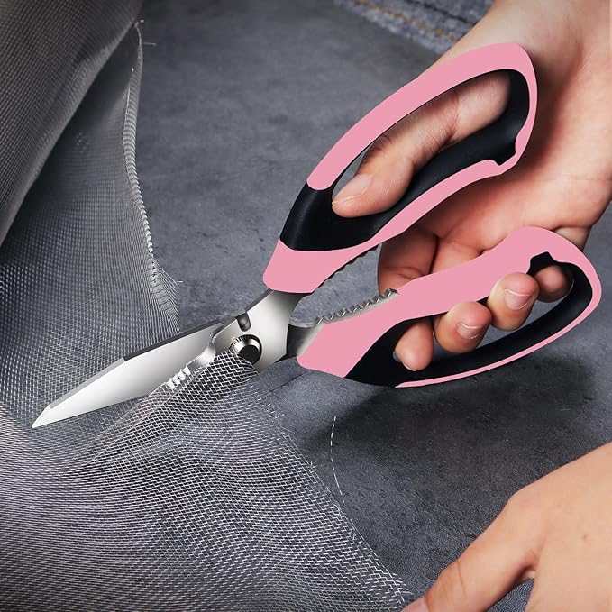 BoFuYuan Utility Scissors All Purpose heavy duty 8-Inch Pink | Comfort Grip, Sharp Serrated Blades Cutting Carpet Cardboard Wire Fabric, Multipurpose Shears for Kitchen Garden Office Craft