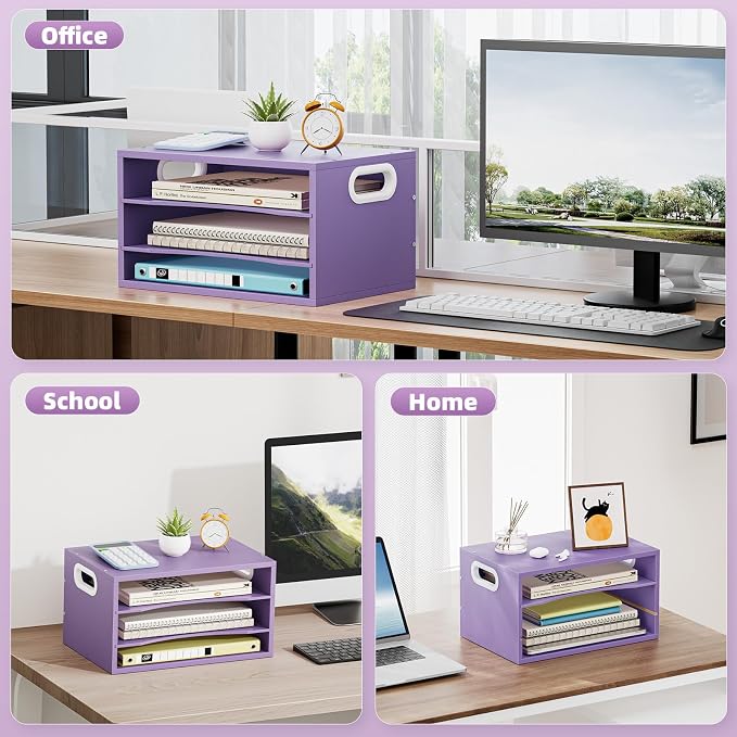 Marbrasse 3 Tier Wood Desk Organizer, Paper Letter Tray Organizer,Purple | Wooden Desktop File Organizer with Handle and Paper Sorter Mail Holder for Office School & Home Supplies Organization