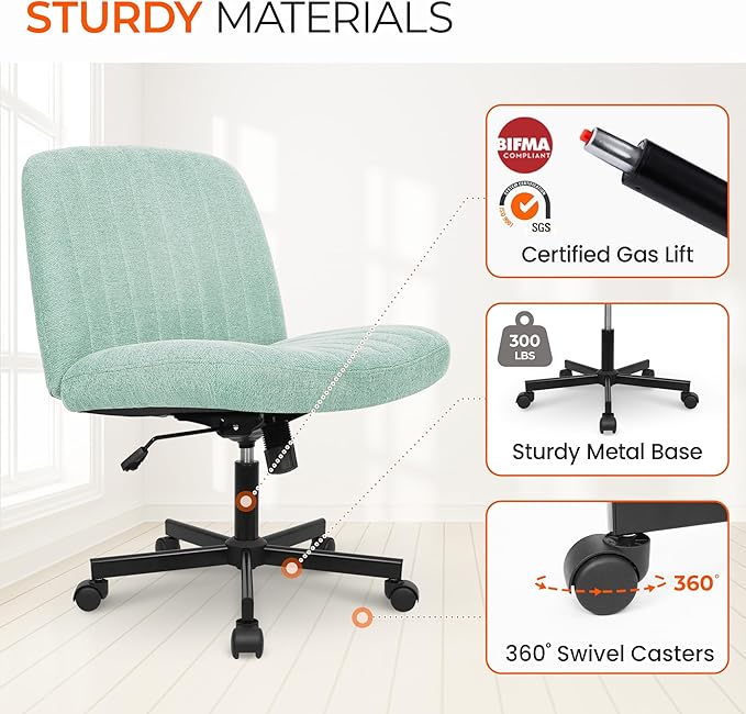Orange Factory Criss Cross Chair, Wide Fabric Vanity Desk Seat, Mint Wheel | Cross-Legged with 360° Swivel, Height Adjustable, Smooth and Silent Wheels, Comfy Seating for Office, Desk, or Computer Use