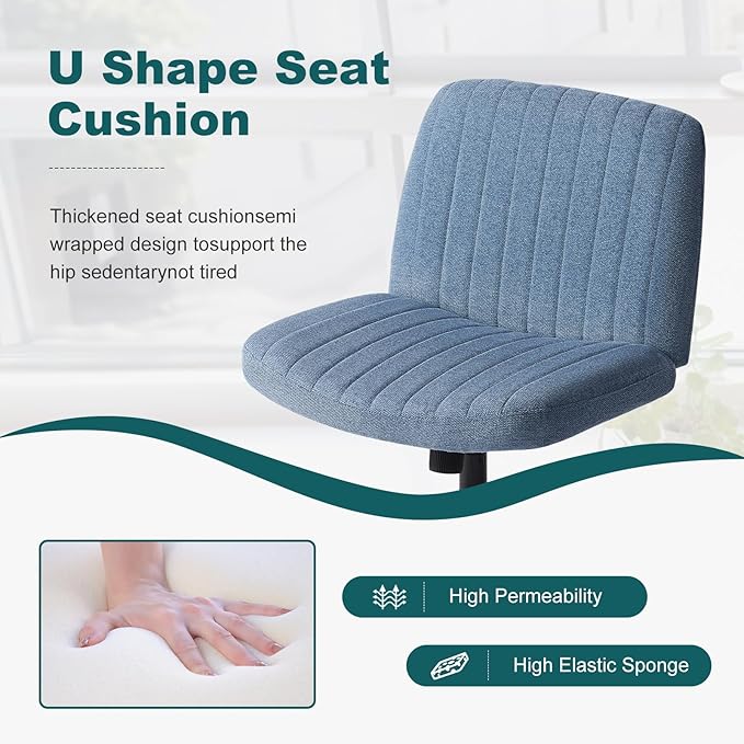 OLIXIS Criss Cross Chair, Vanity Chair, Home Office Desk | Height Adjustable, Comfy Fabric, Armless Wide Seating for Bedroom Student Study Room, Blue No Wheel