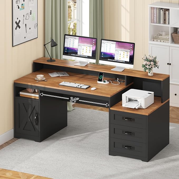 65" Farmhouse Computer Desk with Drawers and Printer Stand for Home Office | Office Desk with Power Outlets and Storage Cabinet, Study Writing Desks with Long Monitor Stand, Brown and Black