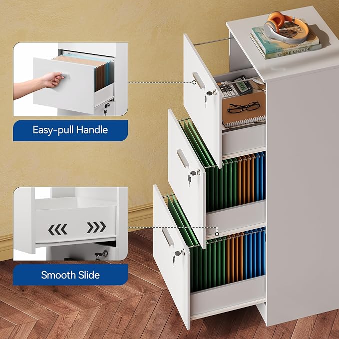 DEVAISE 3 Drawer Wood File Cabinet with Lock, Fits Letter and A4 Size | Wooden Tall Vertical Filing Cabinet, Home Office Printer Stand, Easy Assembly, White