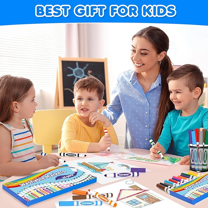 24 Color Washable Markers, Colored Washable Markers for Kids, Broad Tip Durable for Coloring Book, Back to Classroom Art School Supplies for Students Teachers Children
