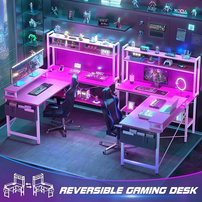 Aheaplus L Shaped Gaming Desk with Power Outlets & LED Lights, Pink | Small L- Shaped Desk Computer Corner Desk with Monitor Stand & Shelf, Home Office Desk Writing Desk with Storage Bag & Hooks