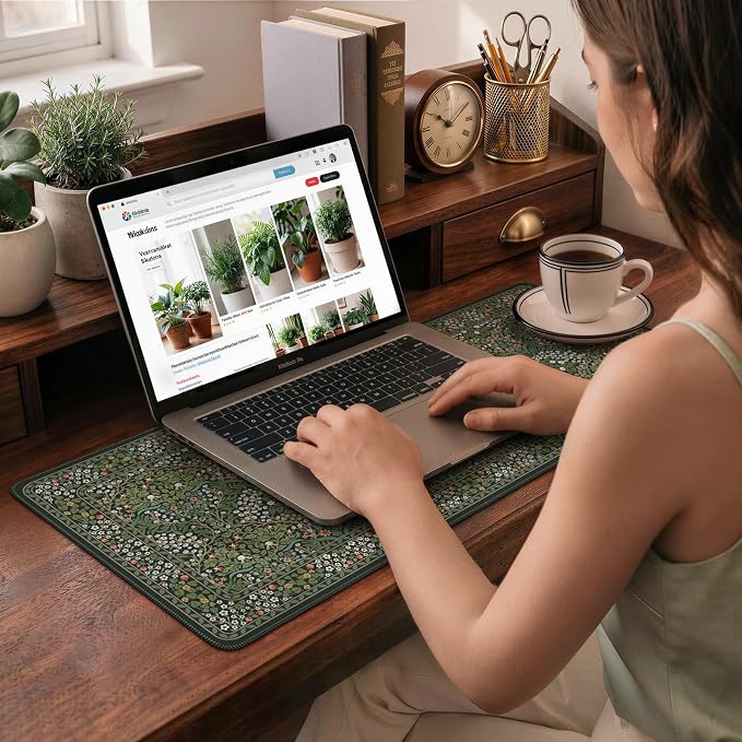 iCasso Aesthetic Floral Desk Mat, 31.5x11.8in Mouse Pads, Retro Green | Anti-Slip Mousepad with Stitched Edges, Waterproof Computer Pad, Desk Accessories Office Decor for Women