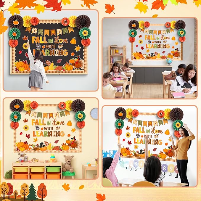 79 Pcs Fall Bulletin Board Decorations with 3D Paper Fans | Autumn Thanksgiving Classroom Bulletin Board Maple Leave Pumpkin Turkey Sunflower Paper Cutouts Office Wall Door Decorations