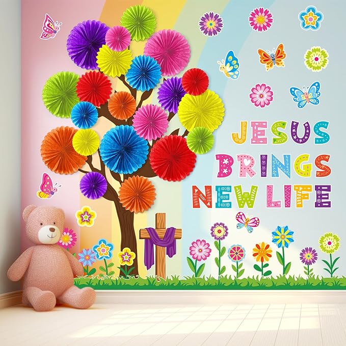76 Pcs Christian Spring Classroom Bulletin Board Set 3D DIY Paper Fans Flower Tree Bulletin Board Jesus Brings New Life Cutouts Religious Cross Wall Decor for Spring Easter VBS Sunday School