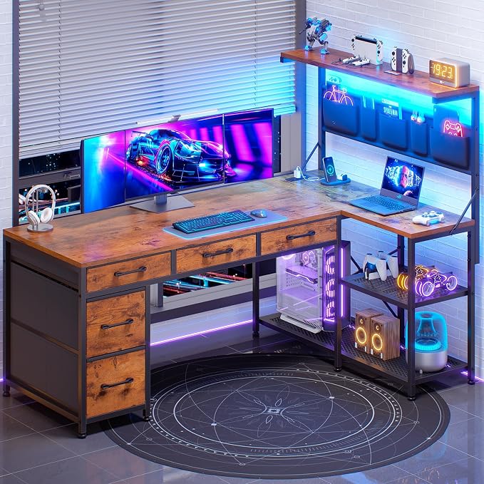 SEDETA 47.2" Reversible L Shaped Office Desk with Drawers, Hutch, Shelves | L Shaped Computer Desk with 5 Fabric Drawers, Storage, Power Outlet and LED Lights for Home Office, Rustic Brown