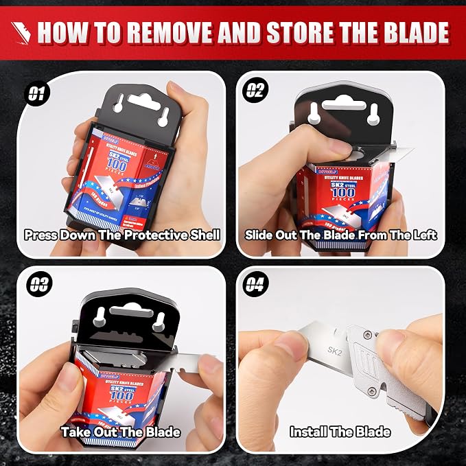 DIYSELF 100 Pack Box Cutter Blades, SK2 Steel Utility Knife Blade Refills | Bulk SK2 Blade Supply, Razor Blades for Carpet and Plastic, Blades for Box Cutter Use in Warehouses, Offices and Workshops