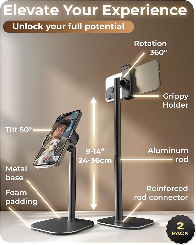 COOPER ChatStand Sturdy Cell Phone Holder, iPhone Stand for Desk, Recording | 9-13" Adjustable, Weighted Metal Base, Tabletop Tripod, for Filming, Video Calls, FaceTime; fits all iPhone, Samsung, Android
