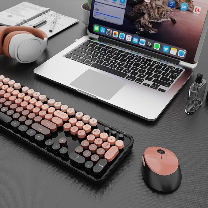 SkyGive Wireless Keyboard and Mouse Combo, Ergonomic Full Size Typewriter Retro Round Keycaps Keyboard, Compatible with Windows, PC, Perfer for Home and Office Keyboards (Aurora Red)