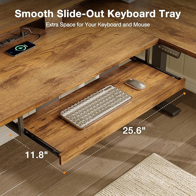 Casaottima 59" L Shaped Electric Standing Desk with Drawers, Rustic Brown | Monitor Stand, Keyboard Tray, Fabric Drawer, Power Outlets, Height Adjustable Corner Stand Up Desk for Organized Home Office