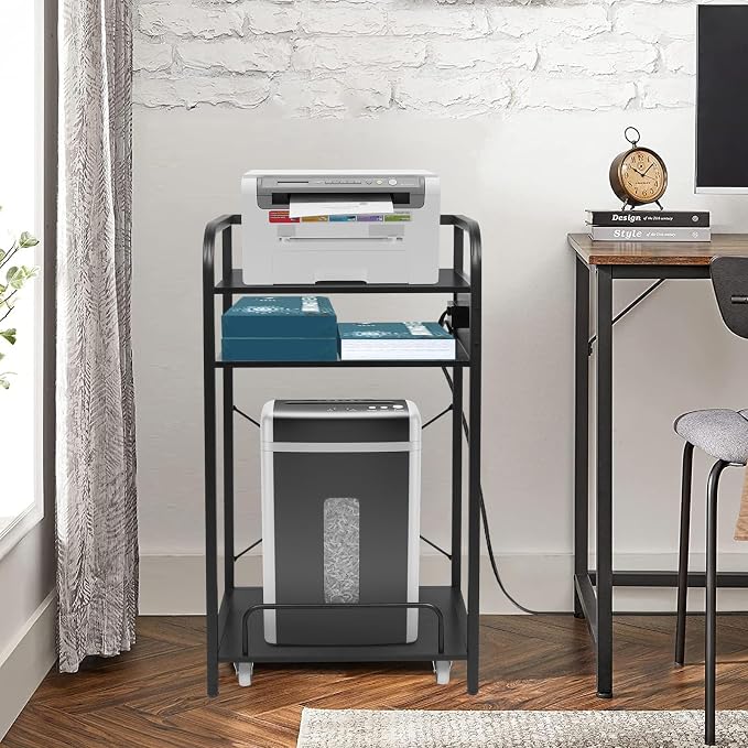 3-Tier Printer Stand with Shredder Shelf, 20" L x 14" W x 34" H, Floor-Standing Printer Stand with Power Outlet, Desk Side Printer and Shredder Stand with Storage, Black Office Storage Shelf Rack
