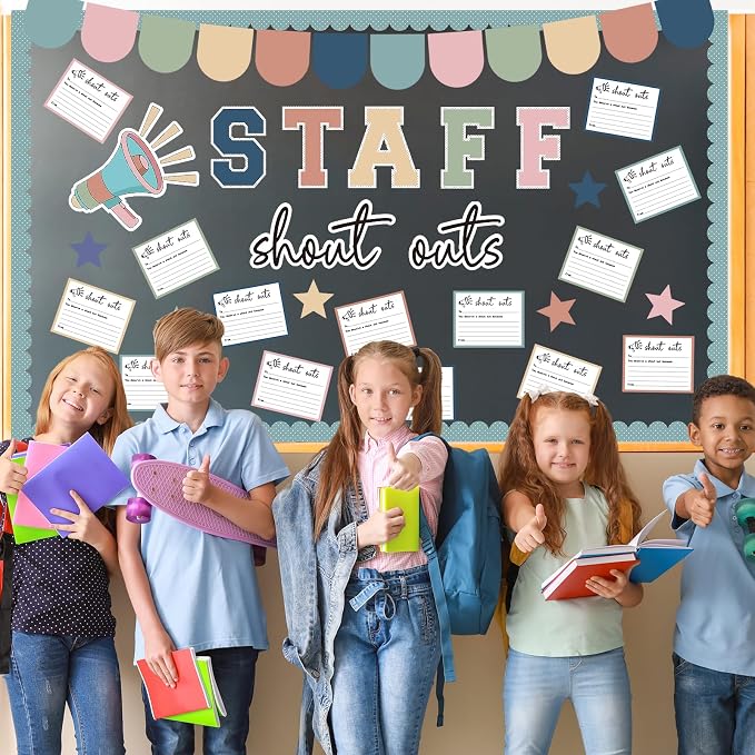 71Pcs Staff Shout Outs Bulletin Board Decorations, Staff Bulletin Board with Shout Out Cards, Appreciation Month Bulletin Boards for Classroom Office Back to School Retirement Wall Door Decor(Pastel)