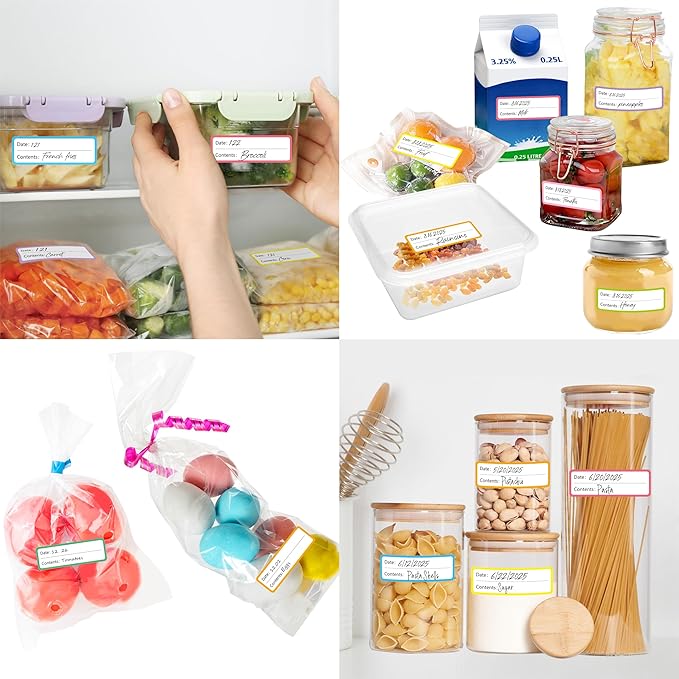 500 PCS Food Labels, Removable Water/Oil/Tear Resistant Food Reminder Stickers Self-Adhesive 10 Colored Freezer Labels in Roll with Perforation Line for Containers, Jars, Kitchen Organization