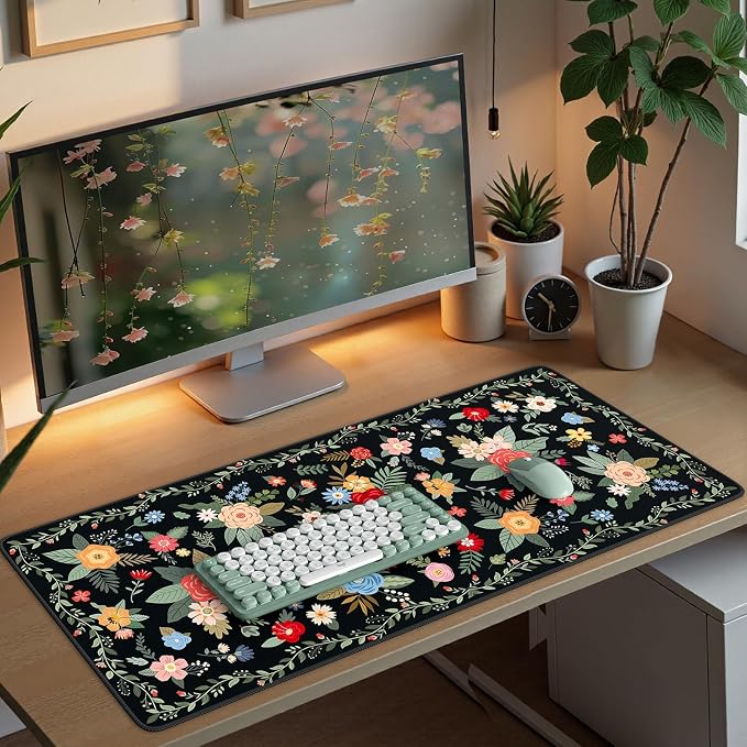 iCasso Desk Mat for Keyboard and Mouse,Cute Mouse Pad,Black Floral | Anti-Slip Desk Matt for Desktop,Soft Lycra Surface Computer Mat Women,Girly Big Mousepad for Home Office