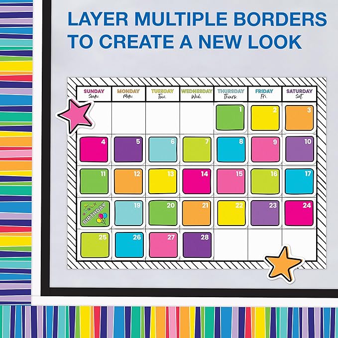 Carson Dellosa 65Ft of Striped Rainbow Bulletin Board Borders, 1 Roll of Colorful Trim for Rolling Whiteboard, Posterboard, Party Decorations, and Classroom Decor