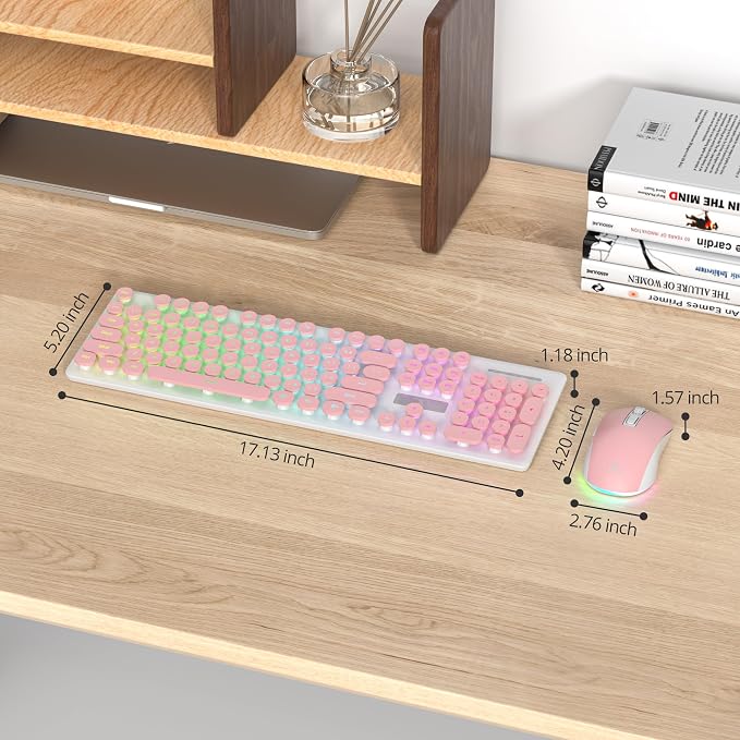 Backlit Pink Keyboard and Mouse Wireless, 2.4GHz Light Up Typewriter Rechargeable Quiet Keyboard Cordless with USB Receiver for PC/Laptop(Pink)