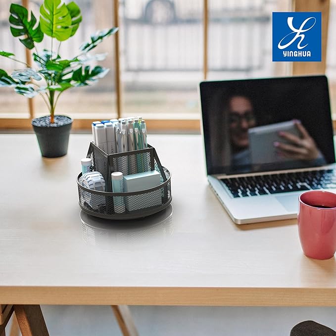 YINGHUA 360°Rotating Mesh Desk Organizer & Pen Holder - Black | Features 5 compartments, anti-slip base, smooth spin. Perfect space-saving design for home, school, office pens or cosmetics