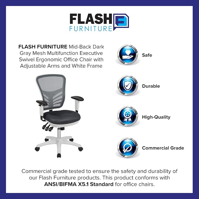 Flash Furniture Mid-Back Dark Gray Mesh Multifunction Executive Swivel Ergonomic Office Chair with Adjustable Arms and White Frame