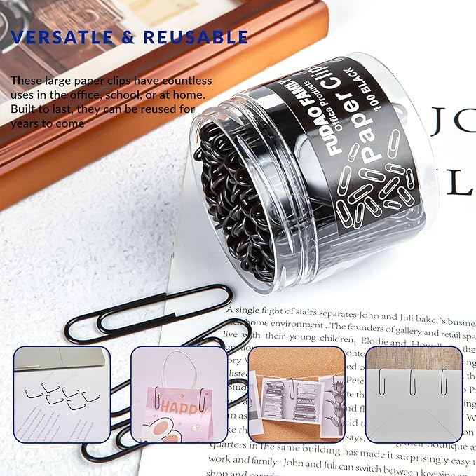 Jumbo Paper Clips, 2 Inch Paper Clip, 100 pcs Large Paperclips (Jumbo, Black)
