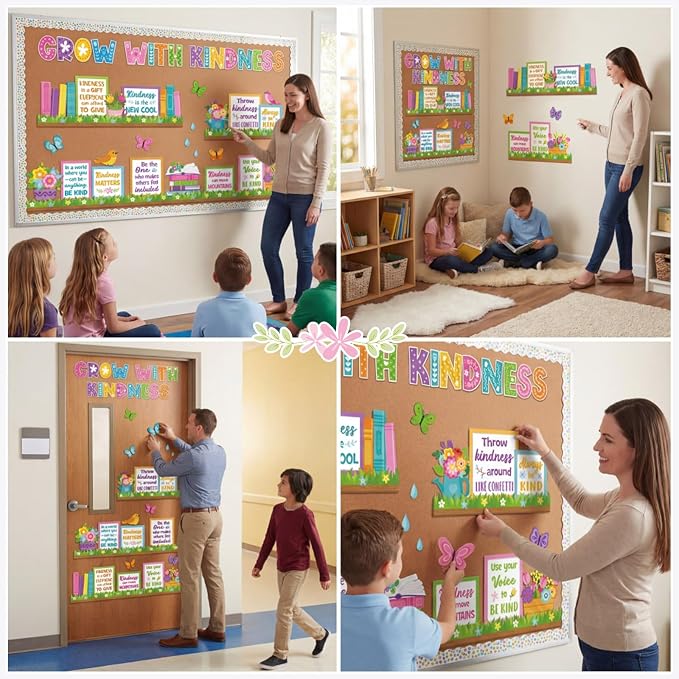 Qilery Grow with Kindness Bulletin Board Set Spring Classroom Decorations | Motivational Reading Posters for Teachers Elementary School Library Wall Decor Flower Book Cutouts for Kindness Week Display