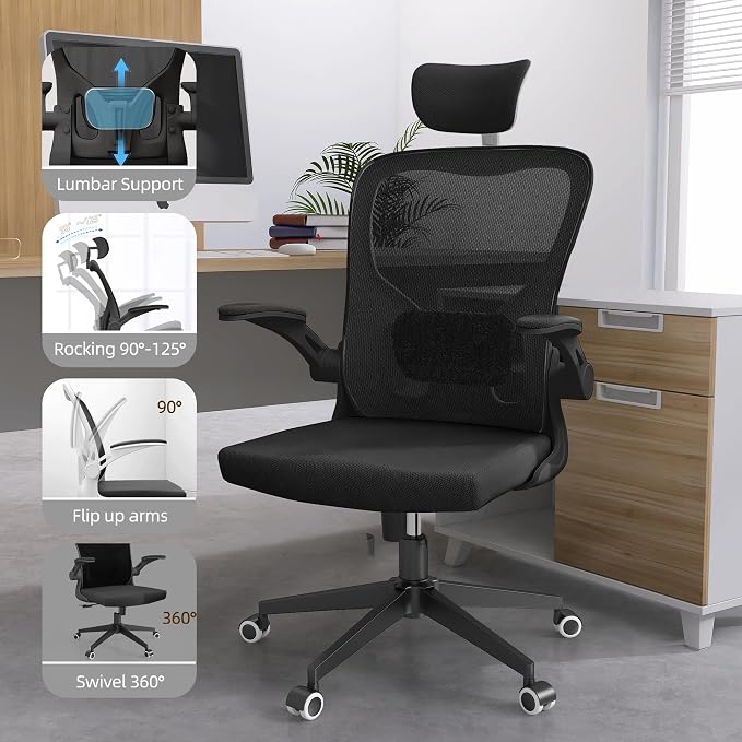 Monhey Office Chair Ergonomic Desk Chair with Lumbar Support&Headrest&Flip-up Arms Height Adjustable Rocking Swivel High Computer Chair Multi-Angle from 90° to 125° with 350LBS Capacity (03All Black)