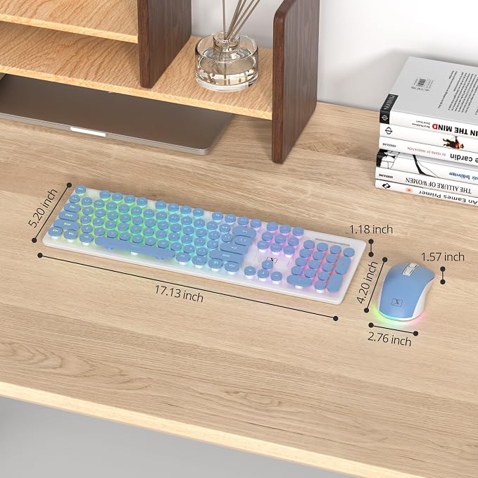Backlit Wireless Keyboard and Mouse, 2.4GHz Light Up Typewriter Rechargeable Cordless Quiet Keyboard with USB Receiver for PC/Laptop (Blue)