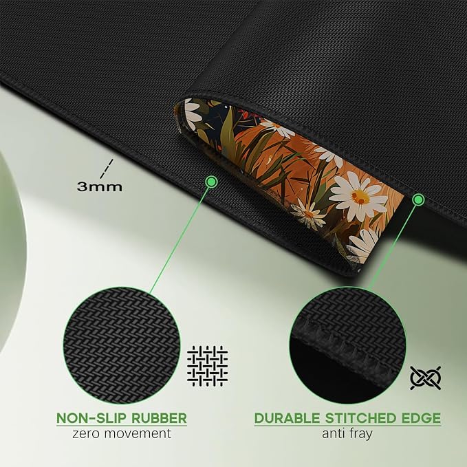 Cute Bow Dog Smiles Floral Mouse Pad, Lager Desk mat 31.5x11.8 Inch | Large Gaming Desk Mat, Flowers with Non-Slip Base, Micro-Woven Fabric, Stitched Edges, For Office Computer