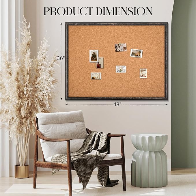 Large Cork Board Bulletin Board, 48"x36" Corkboard for Wall | Rustic Black Wooden Frame, Decorative Pin Board, Message Board, Notice Board, Vision Board for Home, Office, Kitchen