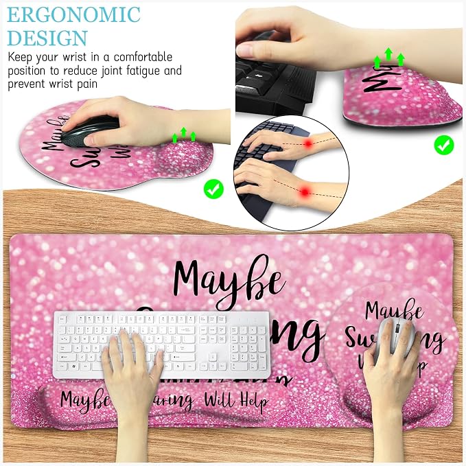 LIMKRIAN Pink Ergonomic Mouse Pad Set, Large Desk Matt for Desktop Decor | Gel Wrist Rest for Computer Keyboard, Memory Foam Wrist Support, Coaster, Desk Pad, Pink office Desk Accessories for Women