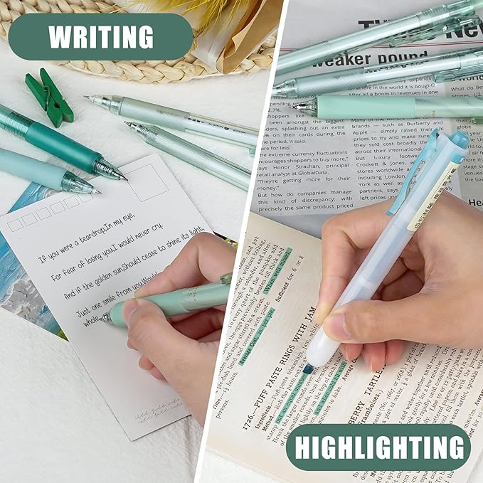 Four Candies Green Pens, Black Gel Ink, Forest - 12ct, 0.5mm Fine Point | Teal School & Office Supplies, Mint Green Pen and Highlighter Set, Smooth Writing