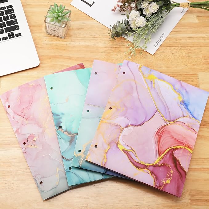 Ddaowanx 8 pcs Plastic Folders with Pockets,3 Hole Punched Folders | Heavy Duty Binder Folder for 3 Ring Binder,Cute Marble Colors 2-Pocket Folders for Documents,Back to School Supplies