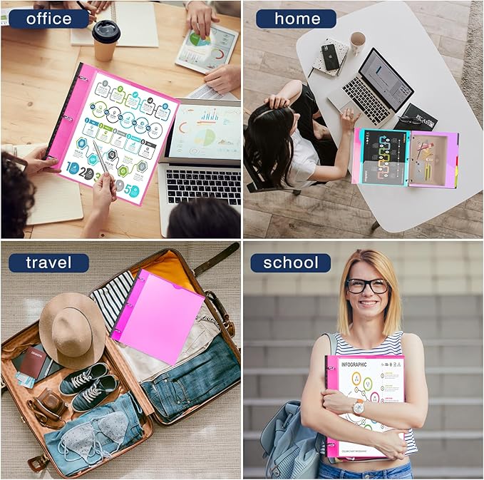 INFUN 1 Inch Telescoping Project Organizer Binder-2PCS,13 Pocket, Customizable Front Cover, 5 Colors Pocket Divider and Plastic Binder Pocket,225 Sheet Capacity-Pink