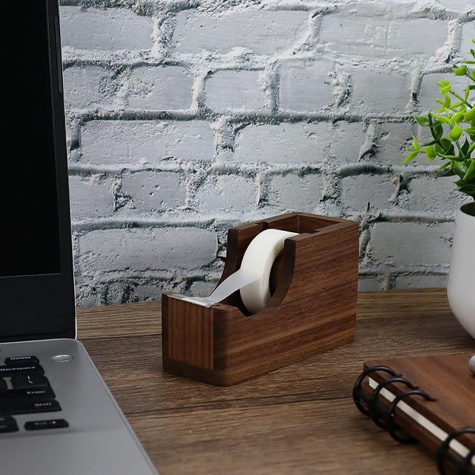 Buqoo Walnut Wood Tape Dispenser Desk Organizer for Office Home School | Premium walnut wood tape dispenser with natural grain, sharp metal blade and stable base for a stylish organized workspace.