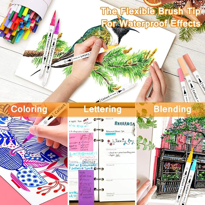 Caliart 34 Double Tip Brush Pens Art Markers for Adult Coloring Books | Artist Fine & Brush Coloring Markers for Journaling Calligraphy Lettering Planners Drawing Teacher Office Art Supplies