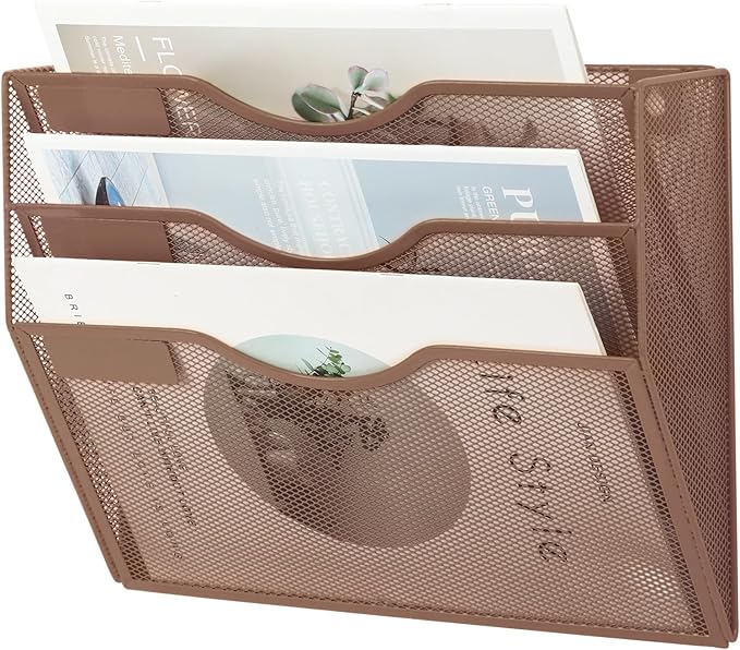 3 Pocket Mesh Hanging Wall File Organizer, Wall Mounted Mail Paper Document Folder Holder, Clipboard Storage Organization Magazine Rack with Nametag Label for Office Home School, Brown