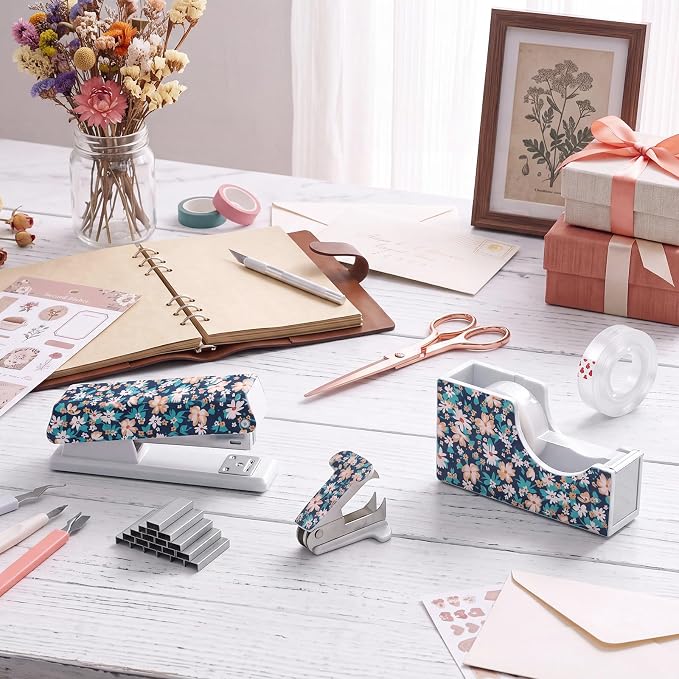Eaasty Floral Stapler and Tape Dispenser Set for Women, Daisy | Cute Office Supplies Set with 2 Tape Rolls, Staple Remover and 1000pcs 24/6 Staples, Teacher Desk Accessories for Women