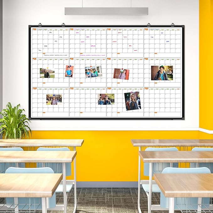 12 Month Calendar Whiteboard for Wall Mounted, 72" x 40" | Large Wall Calendar Dry Erase with Tray, Magnetic Dry Erase Calendar for Wall, Bulletin Board for Classroom Office