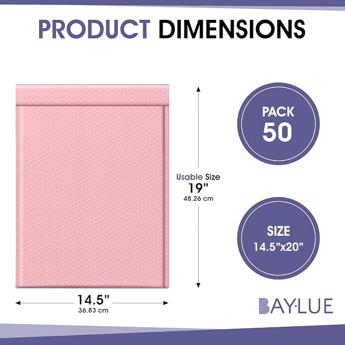 Light Pink Bubble Mailers 14.25x20, Poly Padded Envelopes #7, 50 Pack | Holds Clothing & Bulk Items, Self-Seal Closure, Cushioned Protection, Water-Resistant Poly, Bulk Pack